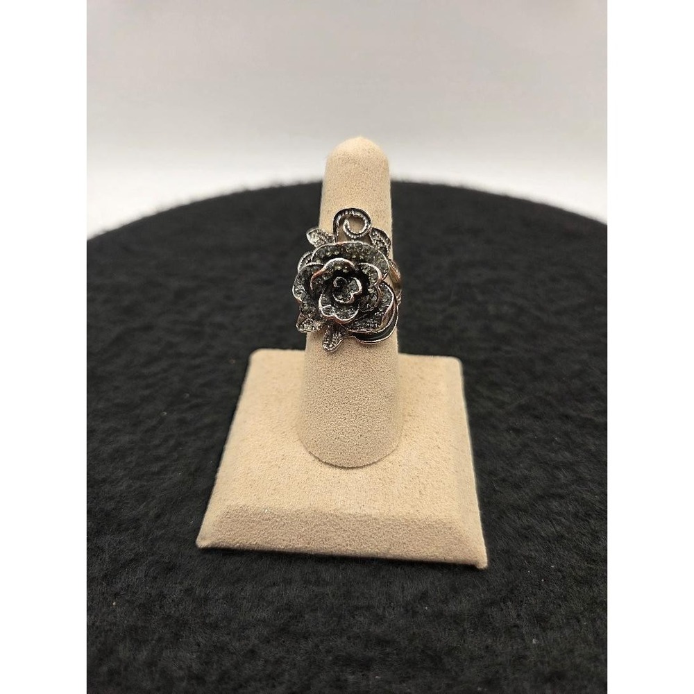 Retro Black Rose Flower Crystal Ring Silver Tone US Size 6.75 N